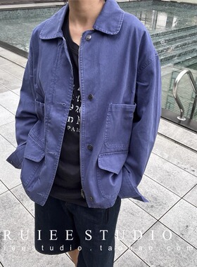 水洗定染法兰牛仔外套多口袋宽松工装夹克女