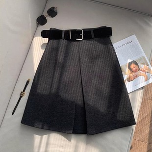 2025新款 百搭中裙显瘦中长裙子高级感深灰色毛呢半身裙女秋冬季