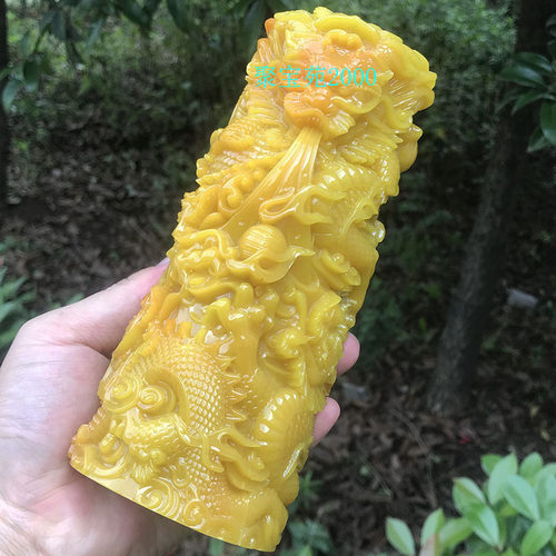 玉石龙腾四海桌面摆设仿玉龙柱玄关家居装饰品黄龙玉五龙笔筒摆件