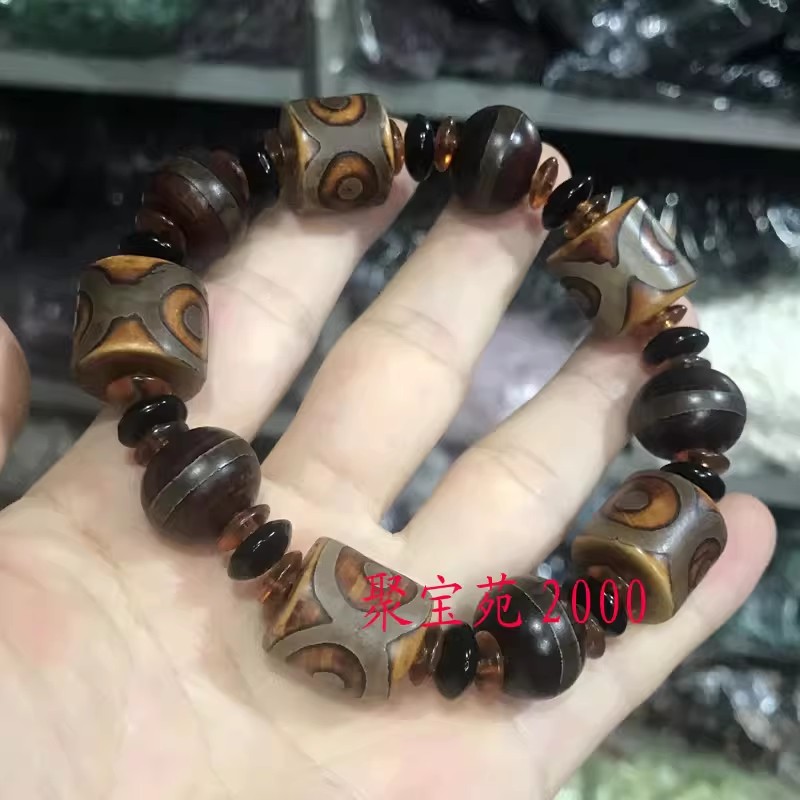 老玛瑙原石打磨三眼佛珠创意个性手链配饰男女款藏式三眼天珠手串