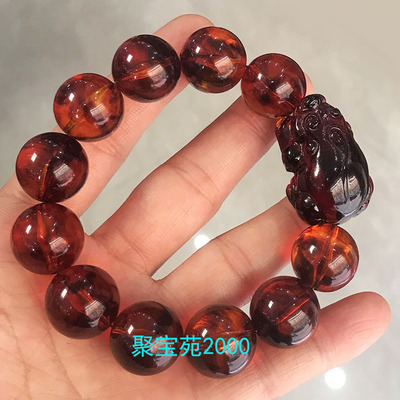 血丝珀貔貅手链满血纹路蜜蜡茶珀金绞蜜招财血珀皮丘佛珠琥珀手串