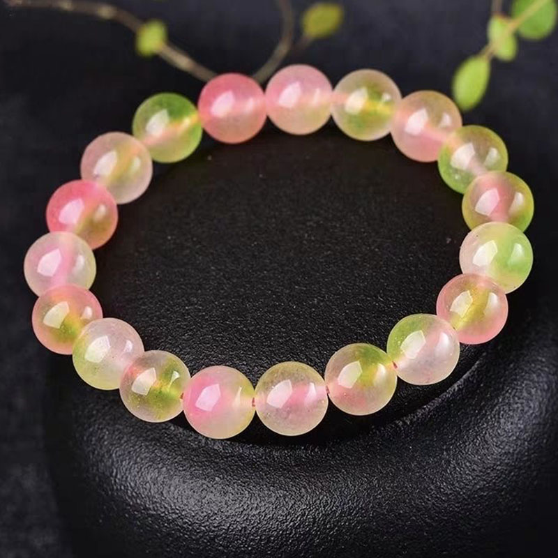 古风春带彩妈妈链女西瓜碧玺手串项链天然冰种翡翠色玉石圆珠手链