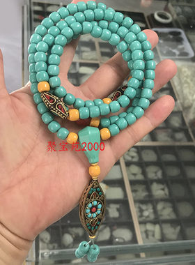 优化松石老型桶珠手链藏式项链高瓷绿松石108颗佛珠念珠多圈手串