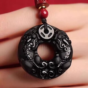招财水晶挂坠男女款简约黑耀石平安壁项链黑曜石双貔貅平安扣吊坠