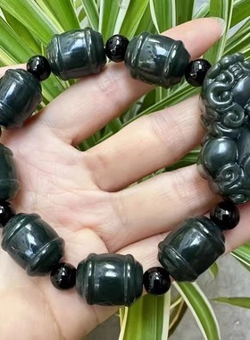 竹节手珠玉石节节高升皮休手串男女款新疆和田玉青玉金钱貔貅手链