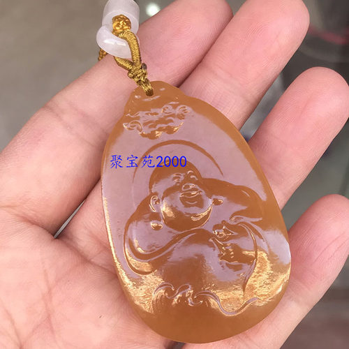 和田玉糖色玉石福在眼前玉佩平安玉佛挂件天然黄龙玉弥勒佛玉吊坠