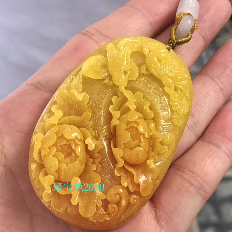 仿黄腊石花开富贵吊坠女士玉石牡丹毛衣链项链黄龙玉喜上眉梢挂件