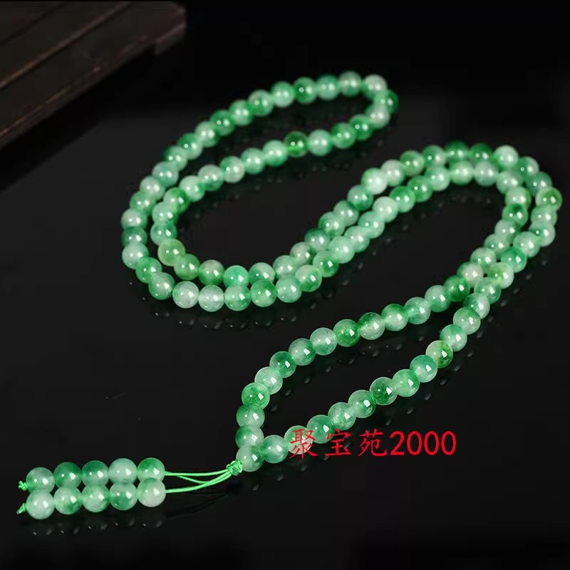 冰种精雕玉石108颗佛珠项链8MM10MM12MM天然飘花翡翠色圆珠手链
