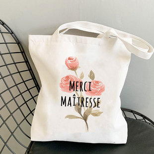 Merci maitrsse Canvas Bag 个性教师印花休闲单肩手提帆布购物袋