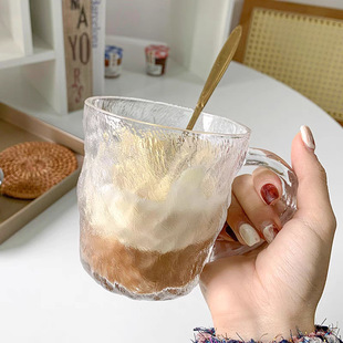家用磨砂感 拾光物屿 冰川纹玻璃杯ins风带把手高颜值杯子夏季