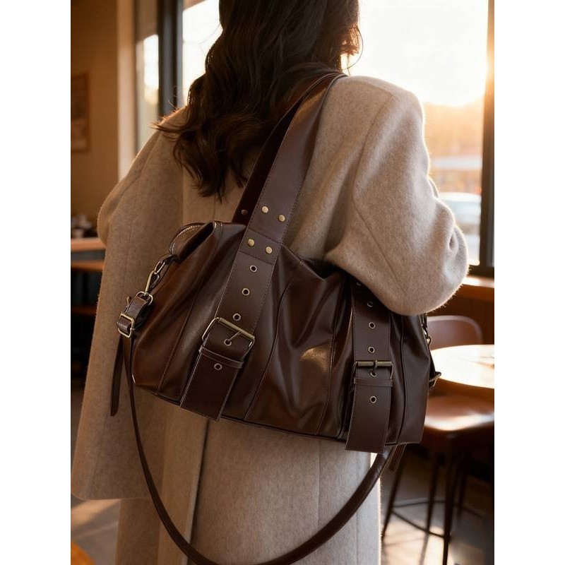 专柜品质复古女式包包大容量百搭托特包欧美高级感机车包通勤单肩