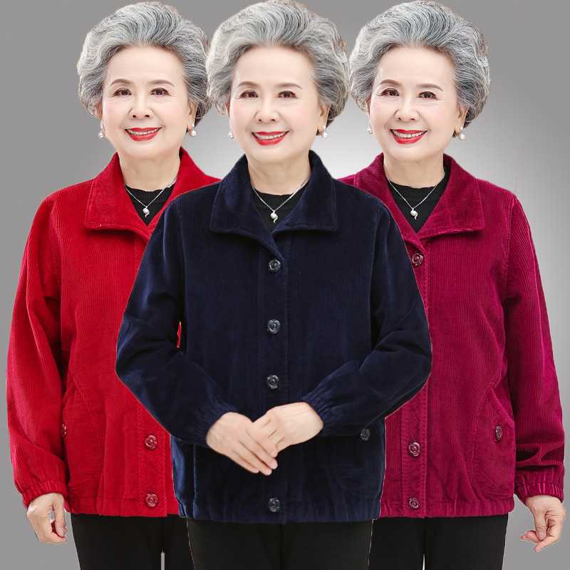 专柜奶奶秋装短款灯芯绒外套中老年人女妈妈春秋纯棉翻领夹克衫老