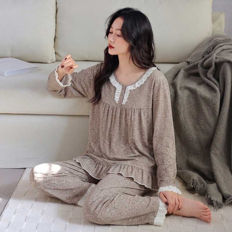 专柜睡衣女春秋款莫代尔棉长袖女款秋季大码冰丝高级感复古妈妈家