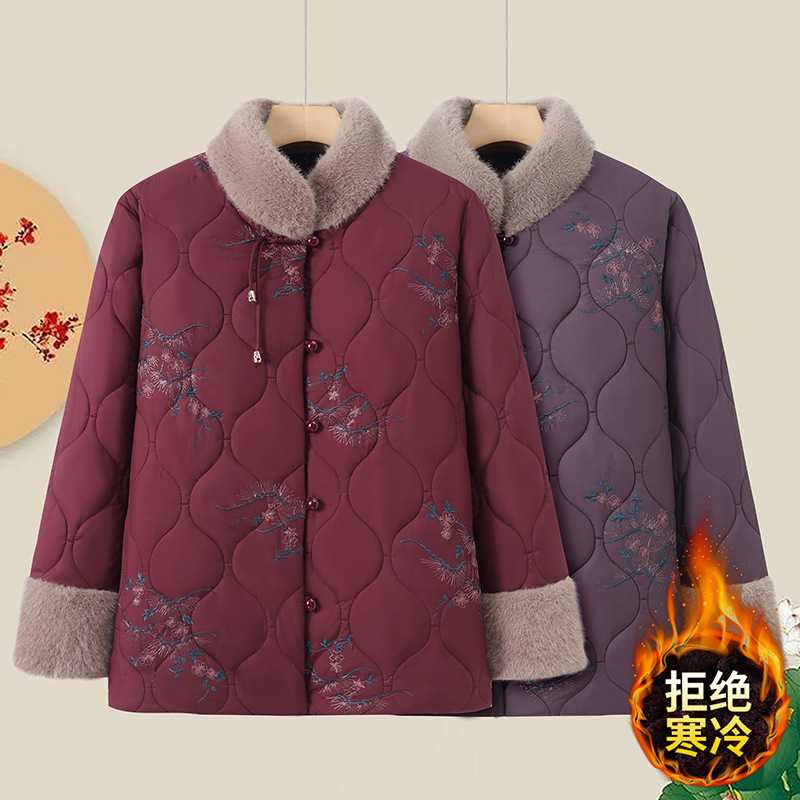 专柜妈妈冬装加绒加厚新中式棉外套老太太冬季立领提花棉服老年人