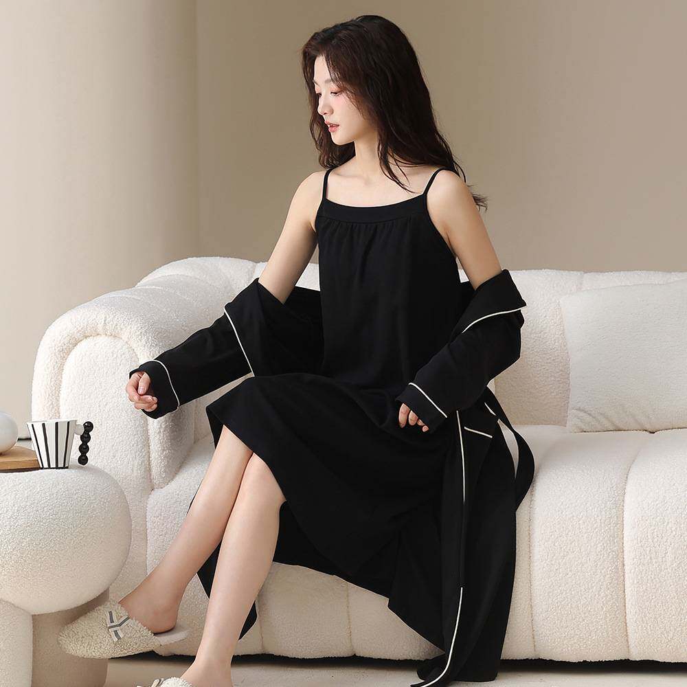 专柜品牌纯棉黑色性感吊带睡裙女秋冬季睡袍纯欲家居服简约两件套