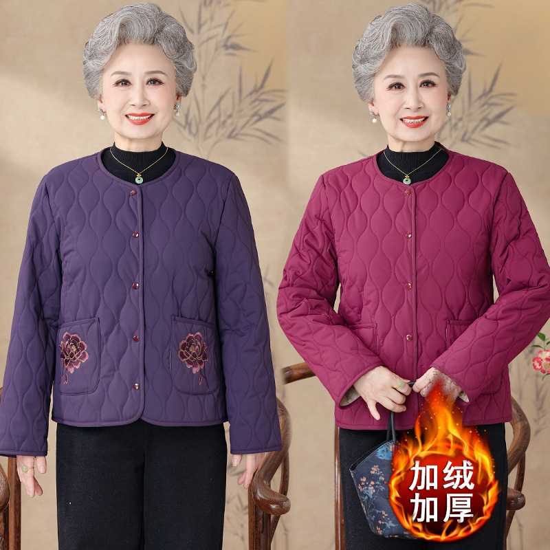 专柜老太太加绒加厚圆领棉服2026秋装新款妈妈保暖舒适宽松休闲棉