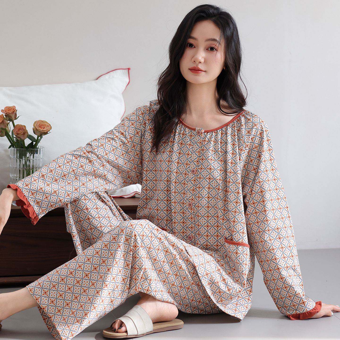 专柜品牌甜美公主风柔软纯棉睡衣女春秋新款套头小碎花妈妈长袖宽