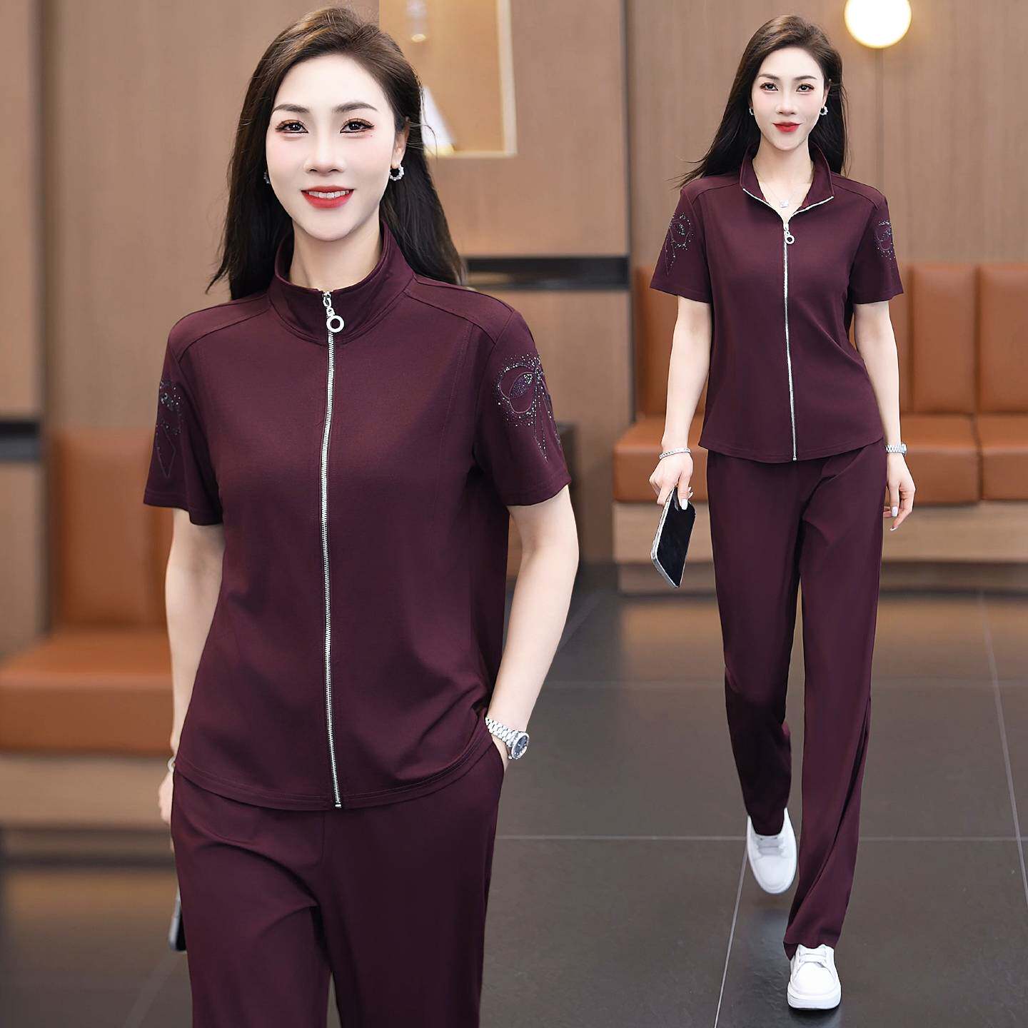 专柜品牌休闲运动套装女夏季2026新款洋气立领开衫短袖长裤冰丝两