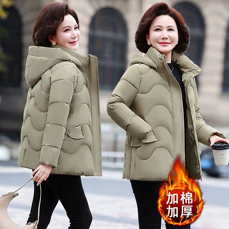 专柜中老年妈妈棉袄中长款连帽羽绒棉服女冬装加厚款过冬穿的保暖