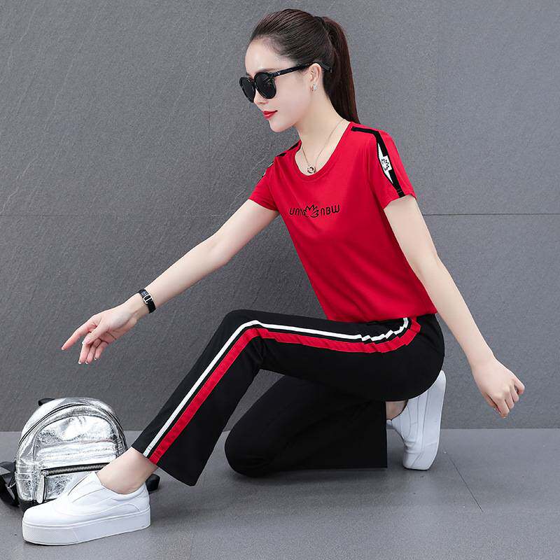 专柜品牌阔腿裤运动套装女夏2022新款韩版时短袖跑步休闲服夏天洋
