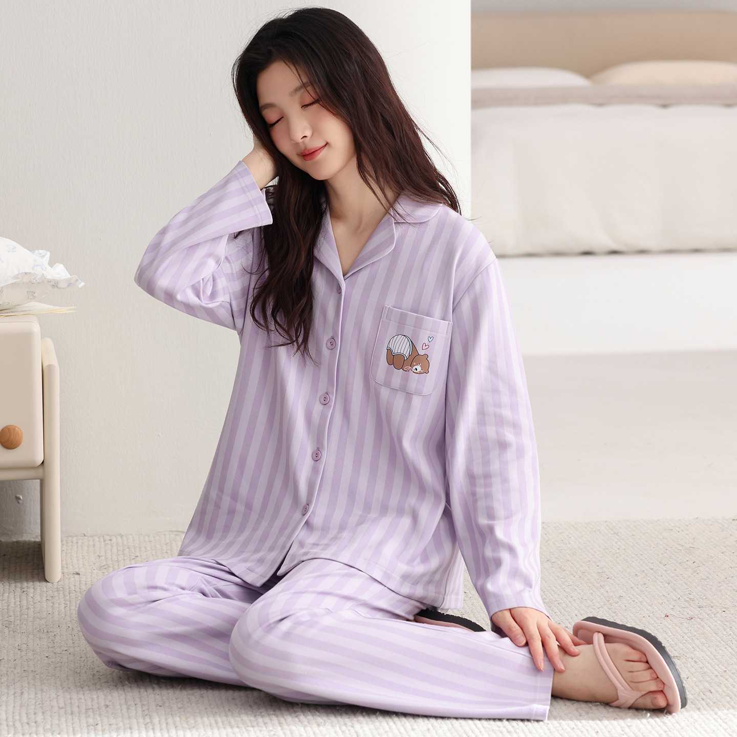 专柜甜美紫色条纹睡衣女秋春纯棉长袖家居服胖mm开衫秋季可外穿套