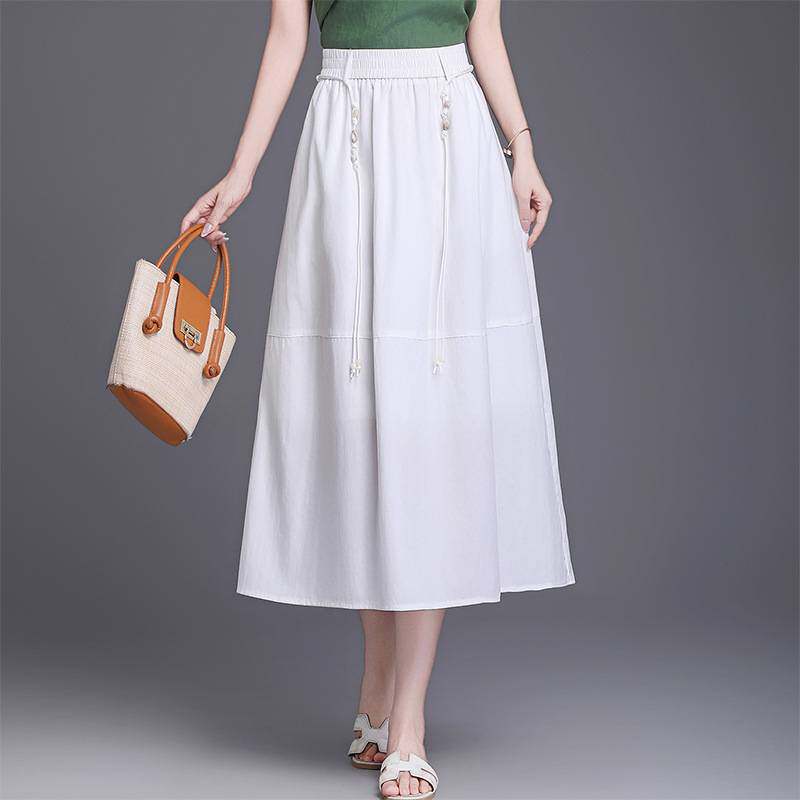 专柜品牌白色半身裙女夏季编绳腰链中长款A字裙显瘦遮肉花苞裙时