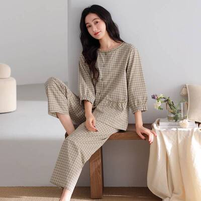 专柜品牌梭织棉纱布睡衣女春秋款纯棉七分袖秋季松弛感妈妈休闲大