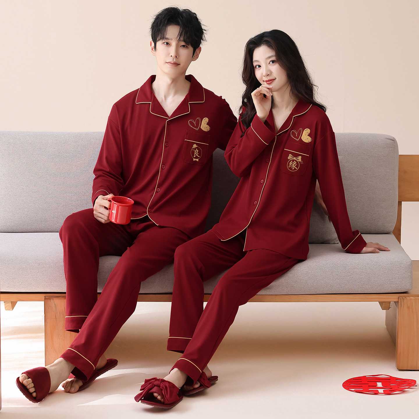 专柜纯棉睡衣结婚新婚情侣套装秋长袖秋冬红色2026新款新娘陪嫁家