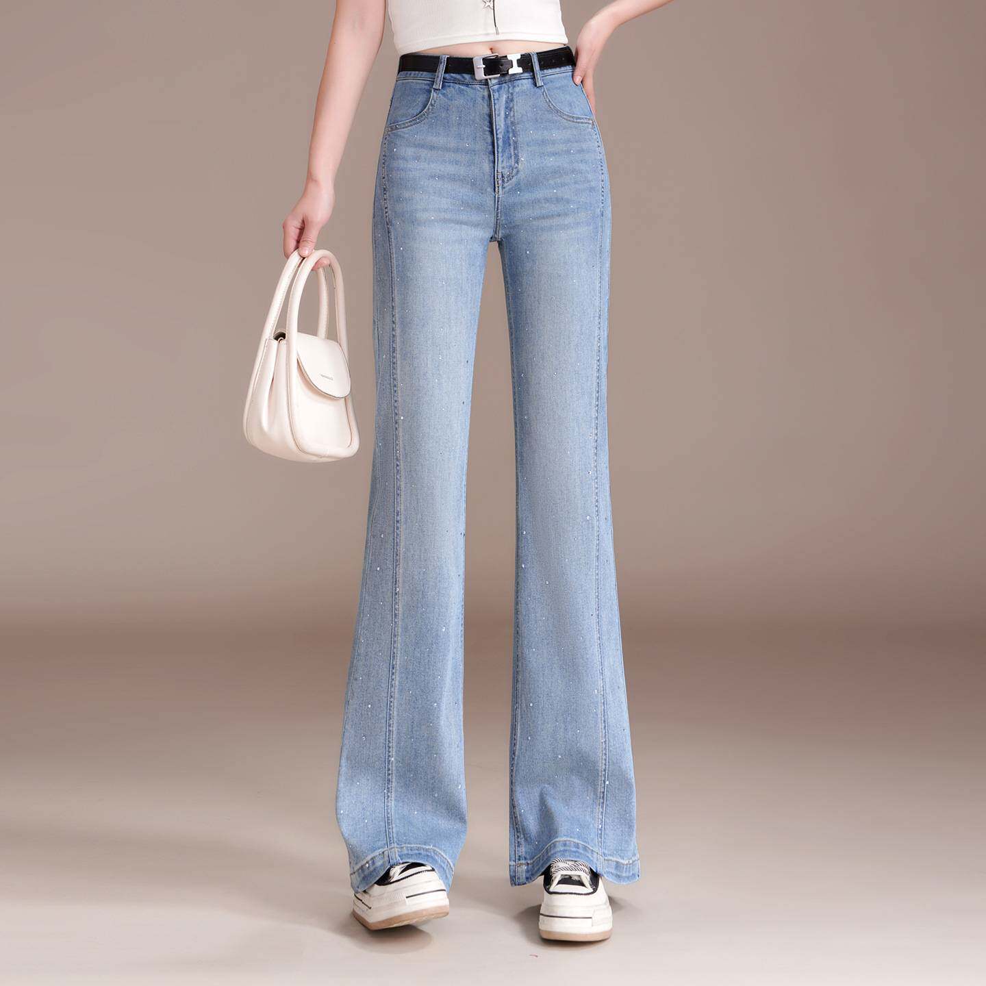 专柜品牌浅蓝色牛仔微喇裤女2026春夏季新款设计感高腰烫钻喇叭拖