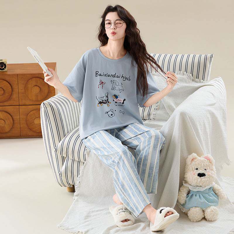 专柜品牌短袖长裤7A类莱卡95纯棉睡衣女款大码春夏2026新款胖mm弹