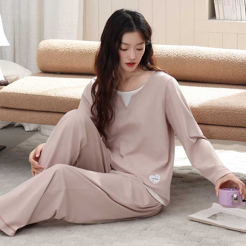 专柜春秋季睡衣女长袖莫代尔棉绸可外穿假两件秋款家居服加大码套