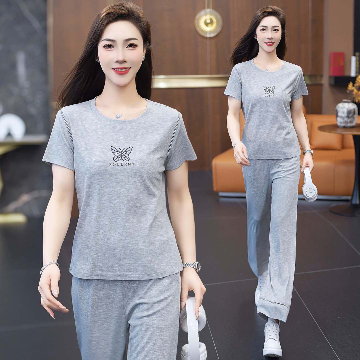 专柜品牌冰丝运动套装女夏季2026新款时尚蝴蝶印花短袖长裤休闲显