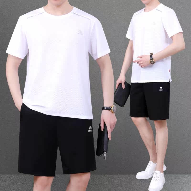 专柜品牌爸爸装夏装套装冰丝短袖t恤男士夏季中老年圆领父亲运动