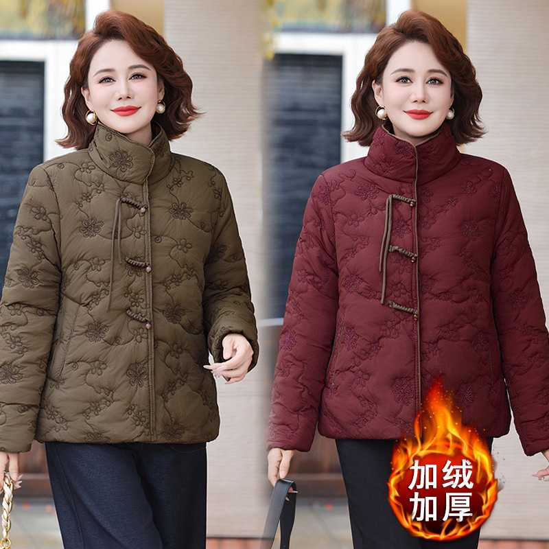 专柜妈妈时尚气质绣花棉服中老年人冬装加绒加厚外套奶奶轻便休闲