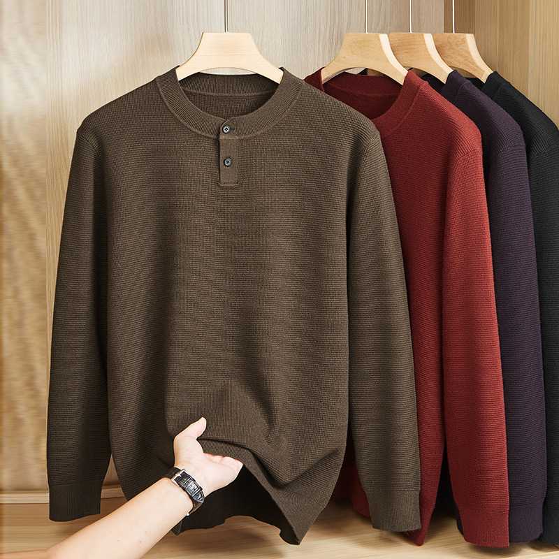专柜2026秋季圆领长袖针织衫男士加肥加大码宽松时尚休闲套头毛衣