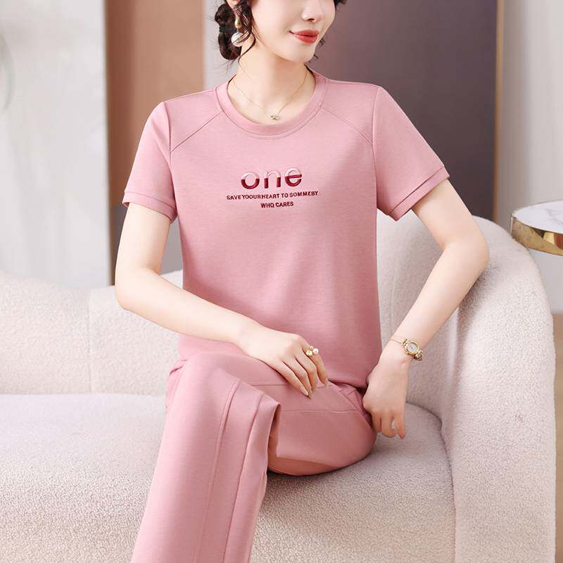 专柜品牌时尚圆领短袖运动套装女夏季40岁50妈妈装洋气休闲两件套