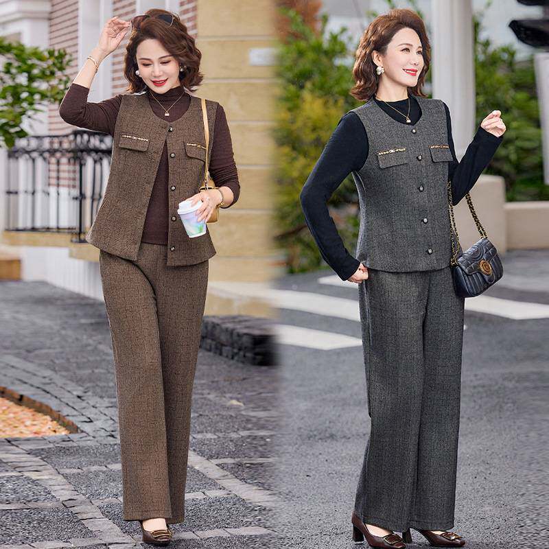 专柜品牌妈妈时尚套装女2026春季新款宽松显瘦西装马甲打底衫阔腿