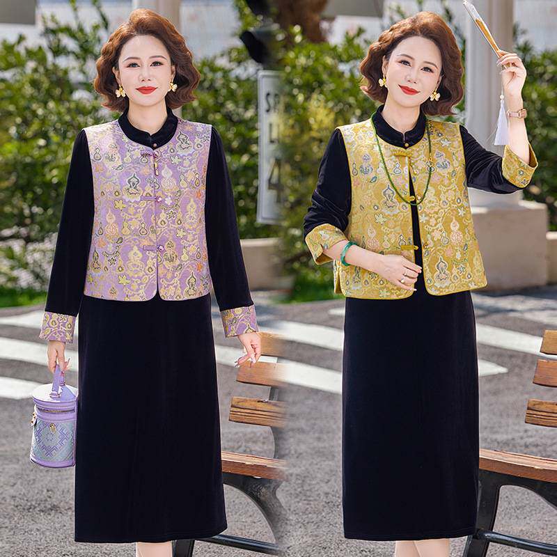 专柜品牌中老年女装春秋打底裙子坎肩套装妈妈春装新中式马甲两件