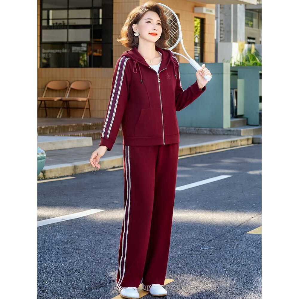 专柜中老年妈妈装运动套装女秋季洋气连帽拉链开衫时尚百搭休闲两