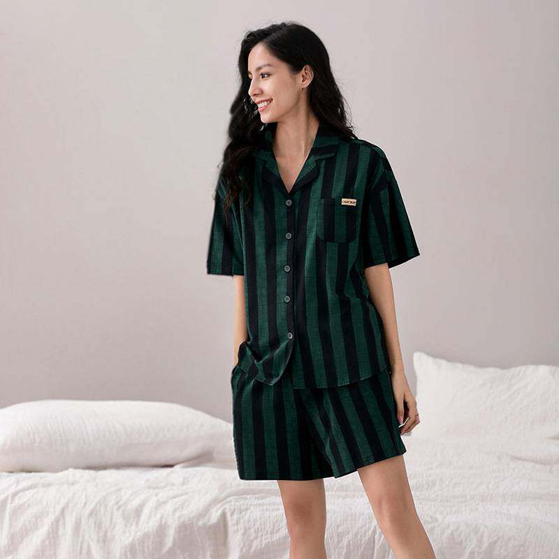 专柜品牌女士睡衣女款夏款夏季纯棉短袖短裤家居服夏天开衫条纹套