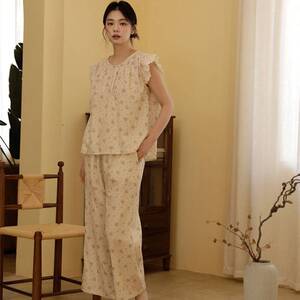 专柜品牌26年夏款女士全棉纱布柔软舒适花卉印花宽松飞袖居家短袖