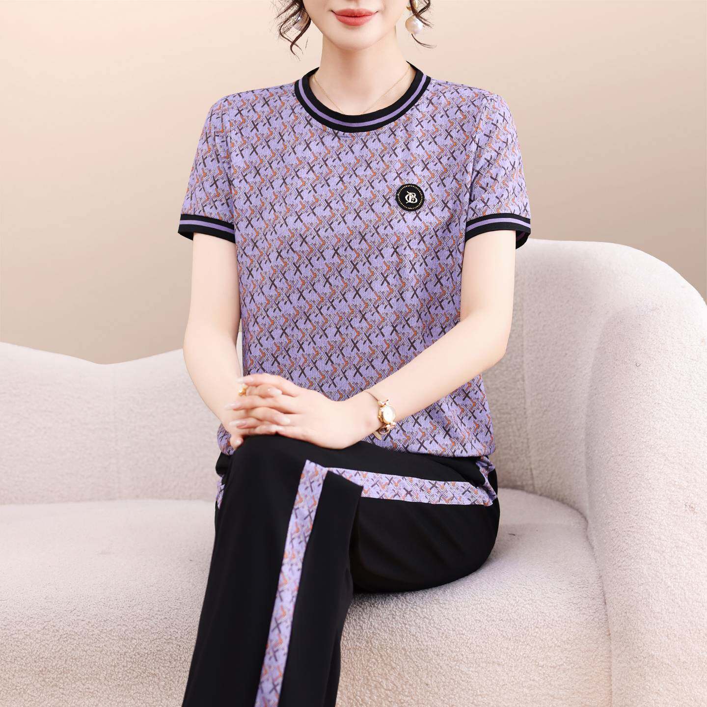 专柜品牌花色运动套装女夏季2026新款时尚休闲圆领短袖长裤减龄显
