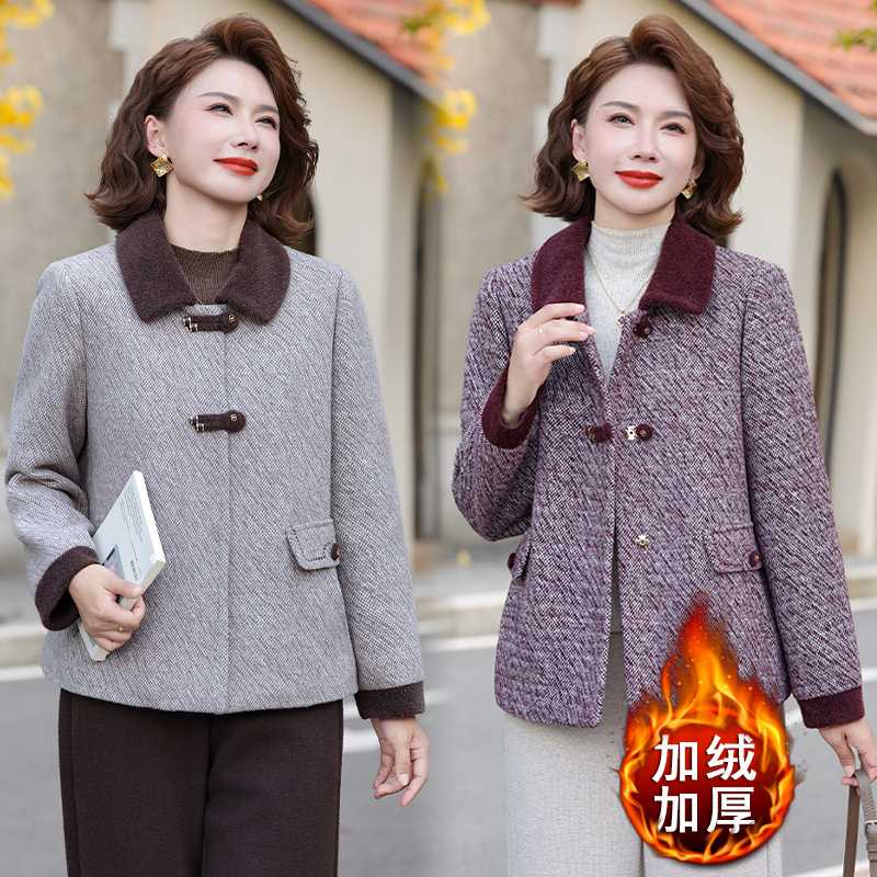 专柜中年妈妈秋冬款加绒加厚宽松休闲外套中老年女装冬季翻领夹克