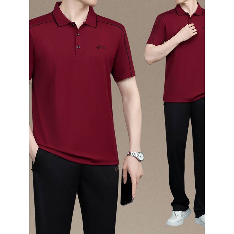 专柜品牌2026夏装中老年爸爸装运动服套装男士翻领冰丝POLO衫短袖