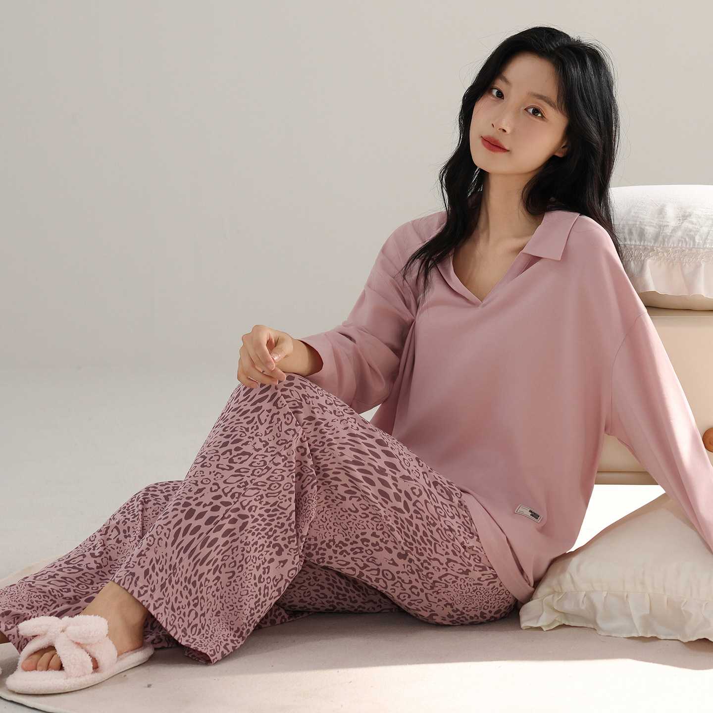专柜睡衣女春秋季长袖纯棉家居服豹纹休闲可外穿出门圆领套头懒人