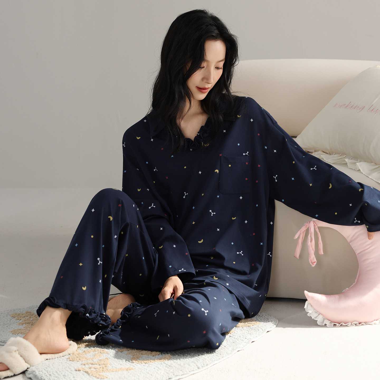 专柜睡衣女春秋款秋季纯棉长袖上衣+裤子家居服时尚荷叶边高级感