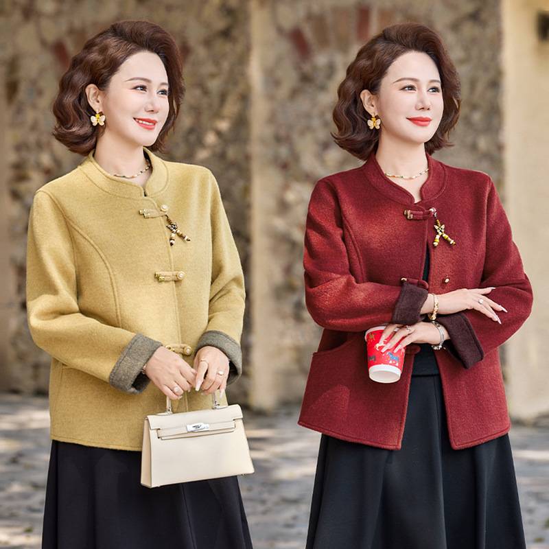 专柜妈妈秋装毛呢外套新中式国风开衫2026新款中老年女装春秋呢子