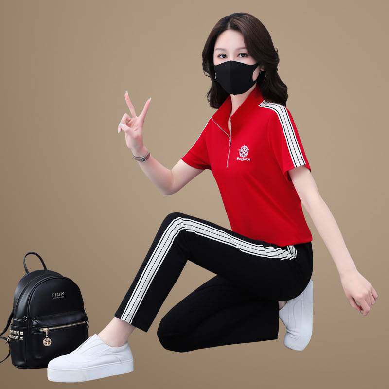 专柜品牌2023夏季新款时尚休闲运动套装女年轻妈妈韩版洋气减龄气