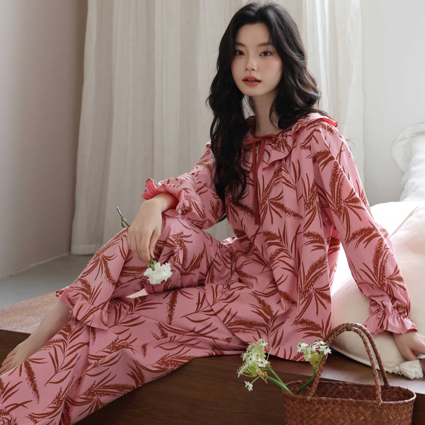 专柜睡衣女生款2026新款春天秋冬季纯棉带胸垫长袖可外穿家居服薄