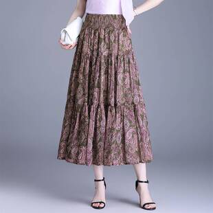 专柜品牌2026夏季新款腰果花雪纺纱裙女装中长款高腰A字褶皱蛋糕